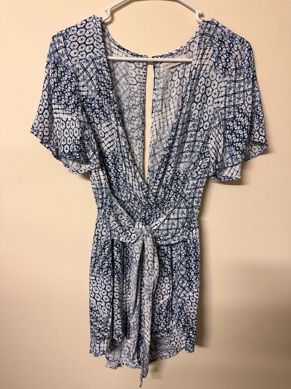 Paper Crane Romper Size S Blue White Tie Dye Wrap Short Sleeve